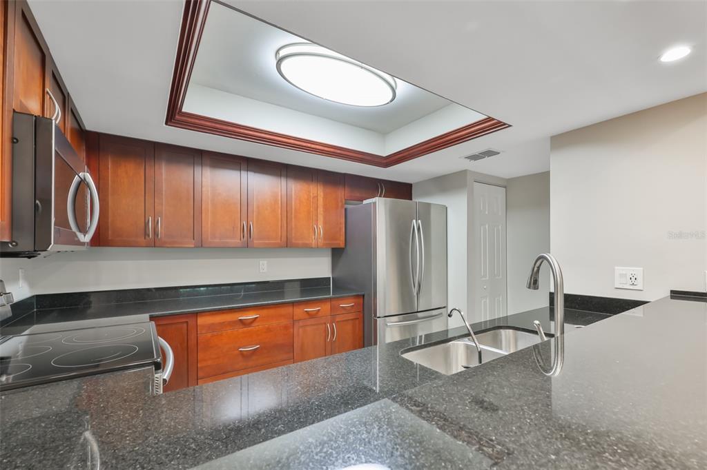 A kitchen features dark wood cabinets, black granite countertops, stainless steel appliances, and a tray ceiling — 606 S GLEN AVENUE UNIT 10, TAMPA, FL