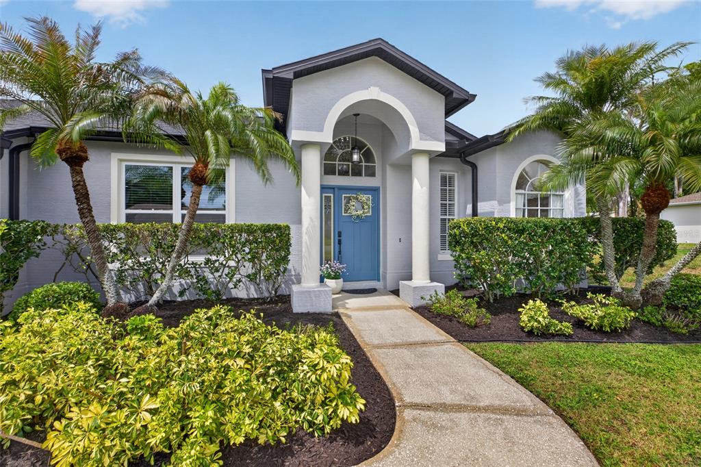 A light gray house exterior features a blue front door, arched entryway, and palm trees — 21865 OCEAN PINES DRIVE, LAND O LAKES, FL