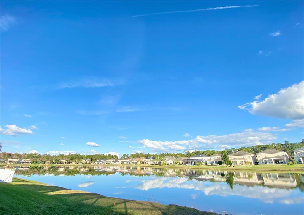 A view of a calm lake reflecting a row of suburban houses under a blue sky — 10973 WILLOW RIDGE LOOP, ORLANDO, FL