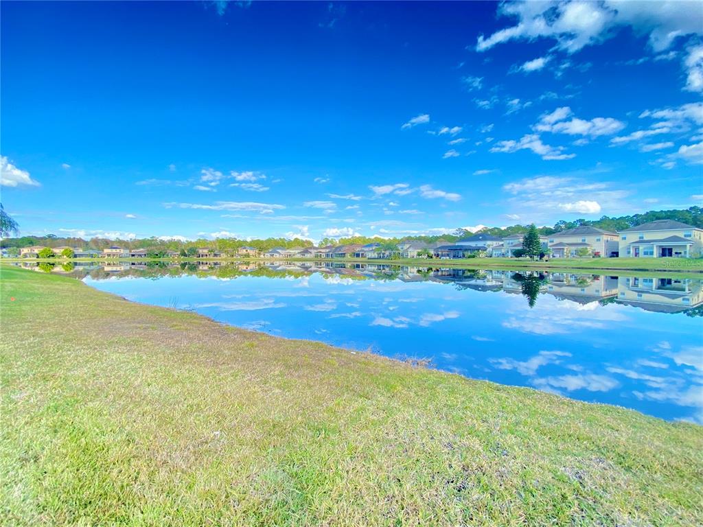 A grassy bank overlooks a calm lake reflecting a row of suburban houses and sky — 10973 WILLOW RIDGE LOOP, ORLANDO, FL