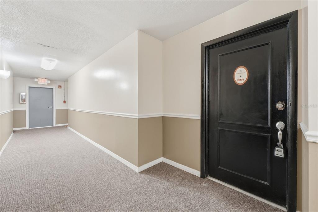 A carpeted apartment hallway features a black door labeled B204 and a distant exit door — 1695 LEE ROAD UNIT B204, WINTER PARK, FL