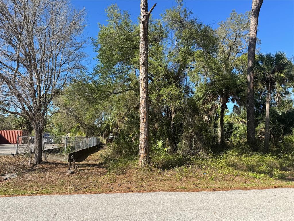 A wooded, undeveloped lot sits next to a fenced area with a shipping container — 17418 BRIGHTON AVENUE, PORT CHARLOTTE, FL