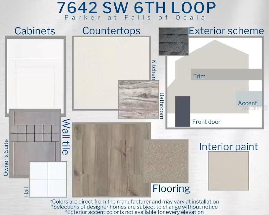 This design board displays material and color samples for a home's interior finishes and exterior — 7642 SW 6TH LOOP, OCALA, FL