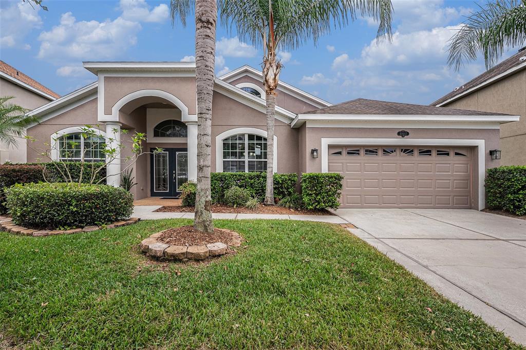 A single-story suburban house with a tan stucco exterior, a two-car garage, and palm trees — 20017 PAINTING NATURE LANE, TAMPA, FL