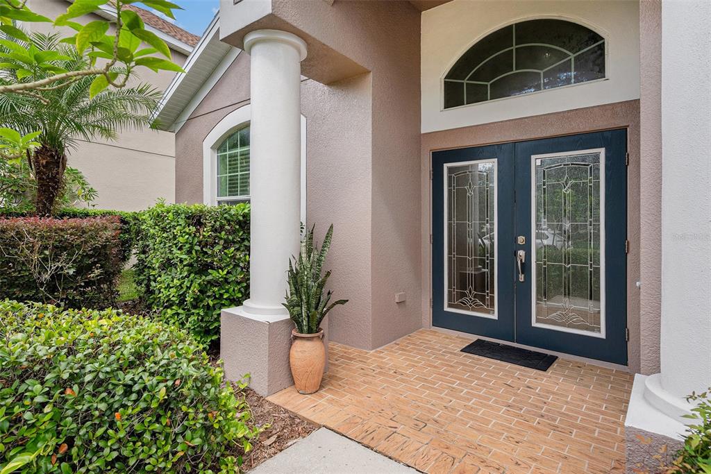 The exterior entrance features a brick porch, a white column, and dark blue double doors — 20017 PAINTING NATURE LANE, TAMPA, FL