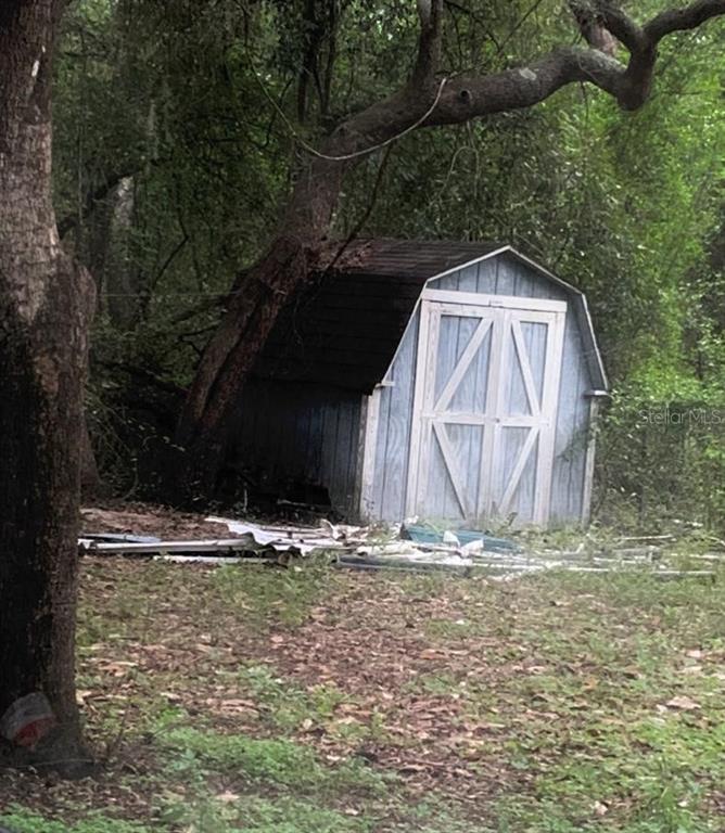 A weathered blue storage shed sits in a wooded area beneath a large tree — 17273 NE 37TH STREET, SILVER SPRINGS, FL