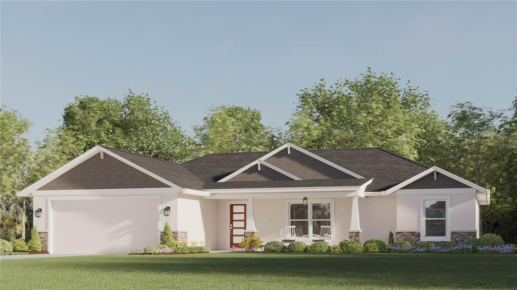 A digital rendering of a single-story suburban house with a two-car garage and stone accents — TBD GUAVA PASS COURT, OCKLAWAHA, FL