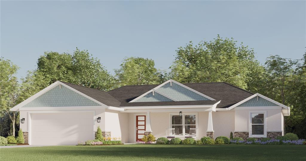 This is a rendering of a single-story suburban house with a garage and light-blue siding — TBD GUAVA PASS COURT, OCKLAWAHA, FL