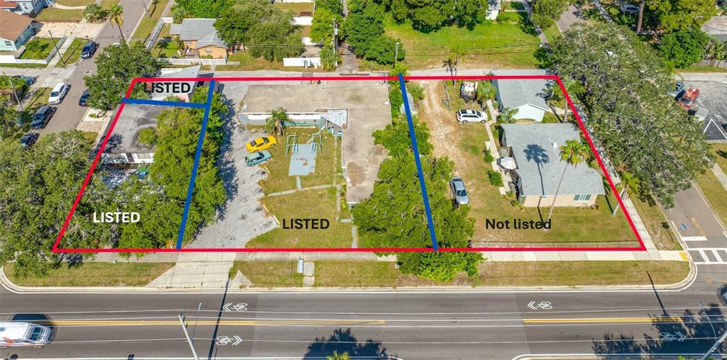 An aerial view shows three adjacent lots, two of which are outlined as listed properties — 1762 N FORT HARRISON AVENUE, CLEARWATER, FL