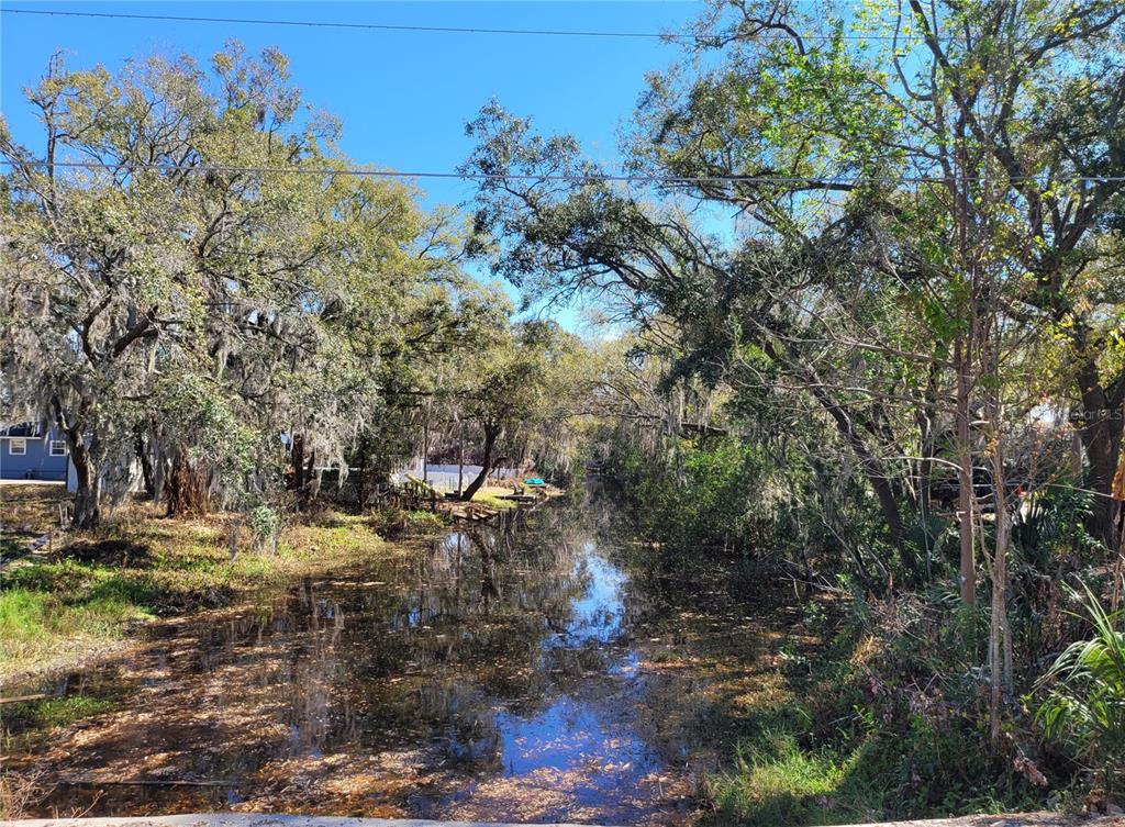 A narrow, tree-lined canal flows through a residential area under a clear blue sky — 6606 SAWYER SHORES LANE, WINDERMERE, FL