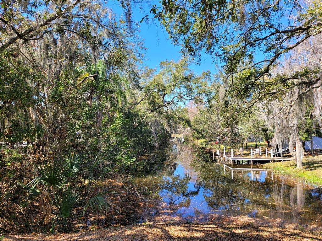 A wooden dock extends into a calm canal surrounded by trees with Spanish moss — 6606 SAWYER SHORES LANE, WINDERMERE, FL
