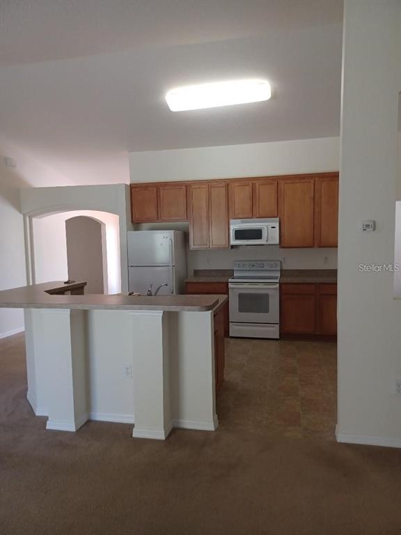 A kitchen features wood cabinets, white appliances, and a peninsula counter overlooking a carpeted area — 63 BANNBURY LANE, PALM COAST, FL
