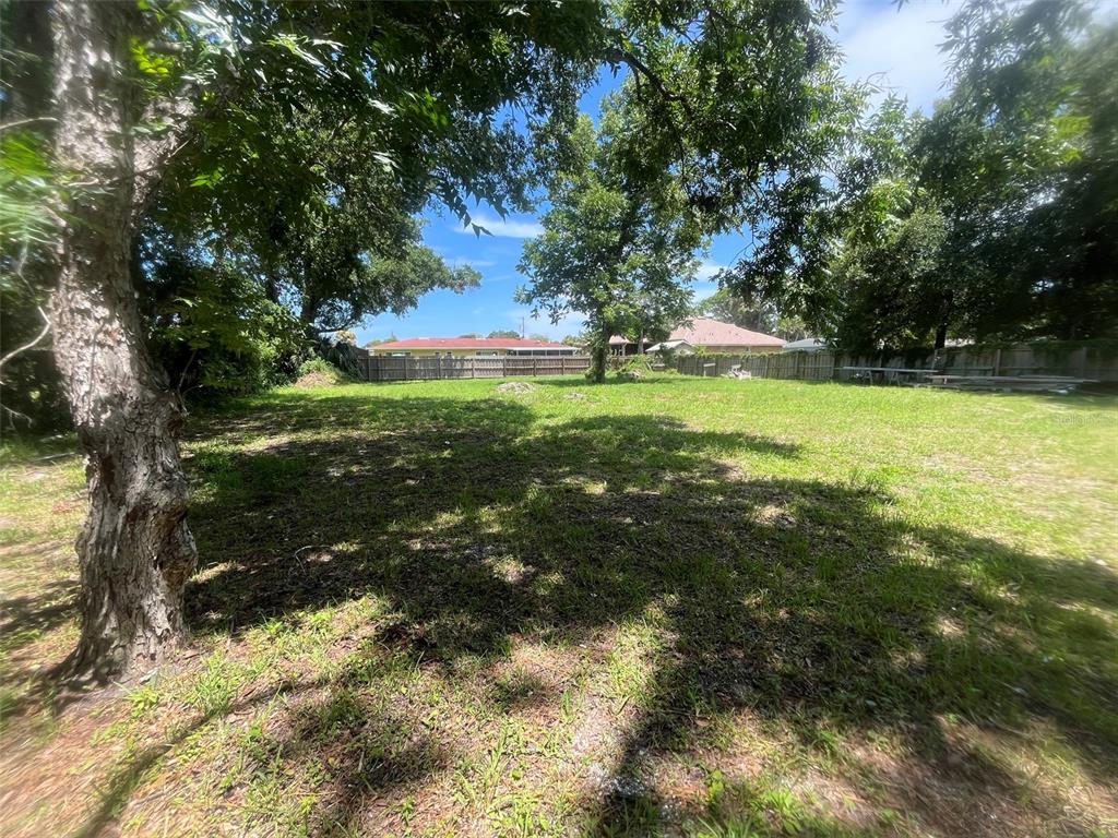 A large, grassy backyard features mature trees and a wooden privacy fence — 707 CHERRY STREET, NEW SMYRNA BEACH, FL