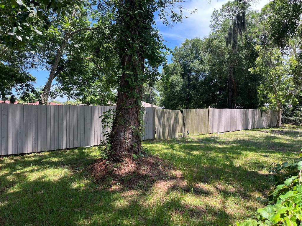 A wooden fence runs along the edge of a grassy yard shaded by large trees — 707 CHERRY STREET, NEW SMYRNA BEACH, FL
