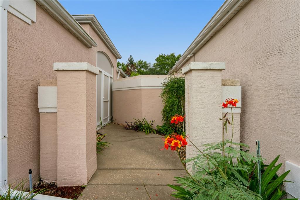 A concrete walkway leads between two stucco walls toward a white door and landscaping — 312 ROYAL PALM WAY, SPRING HILL, FL