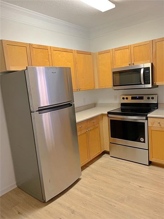 A kitchen features light wood cabinets, stainless steel appliances, and light-colored countertops — 8848 VILLA VIEW CIRCLE UNIT 203, ORLANDO, FL