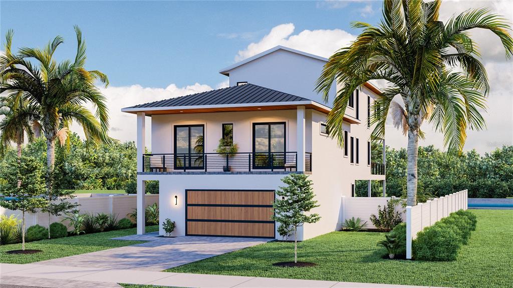 This is a rendering of a two-story house with a garage and a second-floor balcony — 190 MOCKINGBIRD LANE, ENGLEWOOD, FL