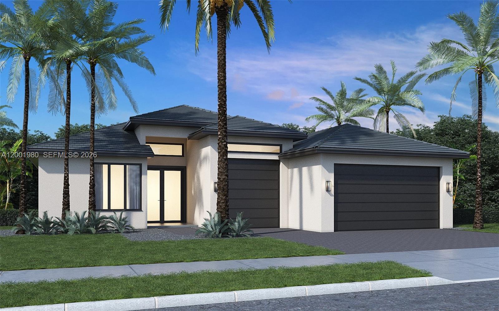 This is a rendering of a modern single-story house with a two-car garage — 529 N Theodore Vail, Lehigh Acres FL 33974, LEHIGH ACRES, FL