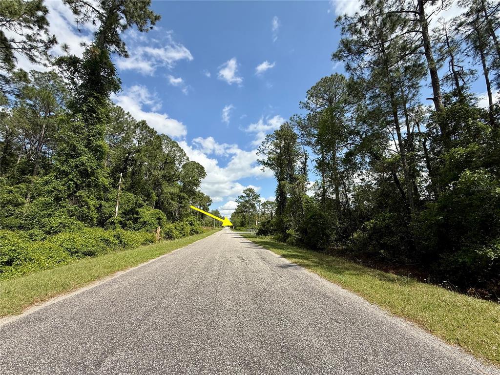 A paved road stretches forward through a wooded area under a bright blue sky — LOT 2 QUINCE AVENUE, EUSTIS, FL