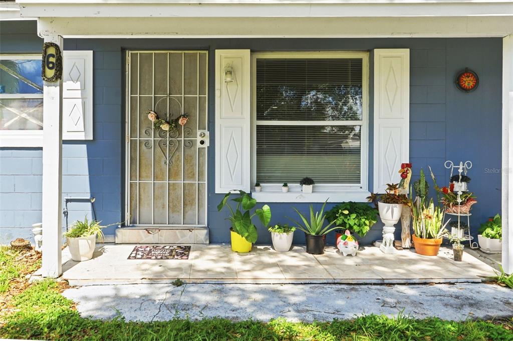 A blue house exterior features a front porch with potted plants and a screen door — 6 VIOLA STREET, KISSIMMEE, FL