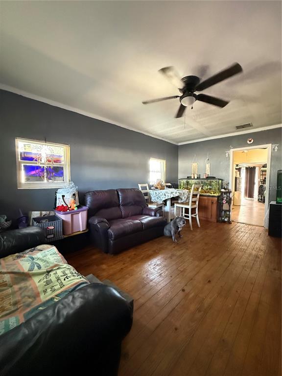 A living room with dark gray walls, hardwood floors, a ceiling fan, and a sofa — 6100 MAIN STREET UNIT A, NEW PORT RICHEY, FL