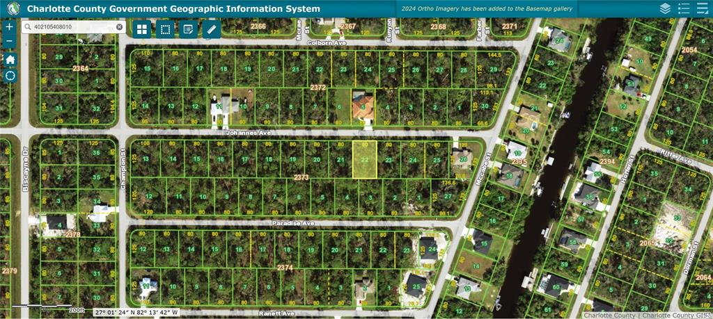 This is a digital map showing property lot lines and parcel numbers in a residential area — 13377 JOHANNES AVENUE, PORT CHARLOTTE, FL