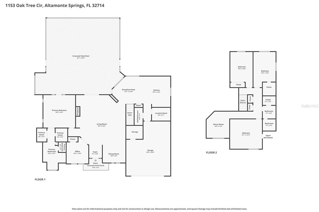 This is a two-story floor plan showing the layout of a house with a pool — 1153 OAK TREE CIRCLE, ALTAMONTE SPRINGS, FL