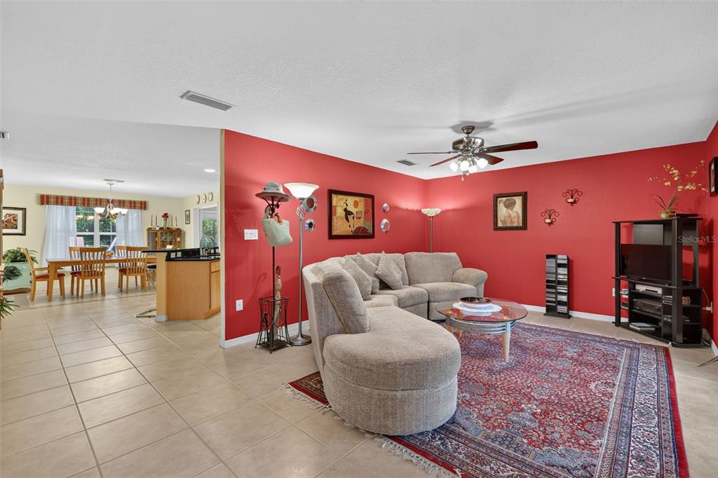 A living room with red walls, a beige sectional sofa, and a patterned area rug — 31151 DEAL DRIVE, MOUNT PLYMOUTH, FL