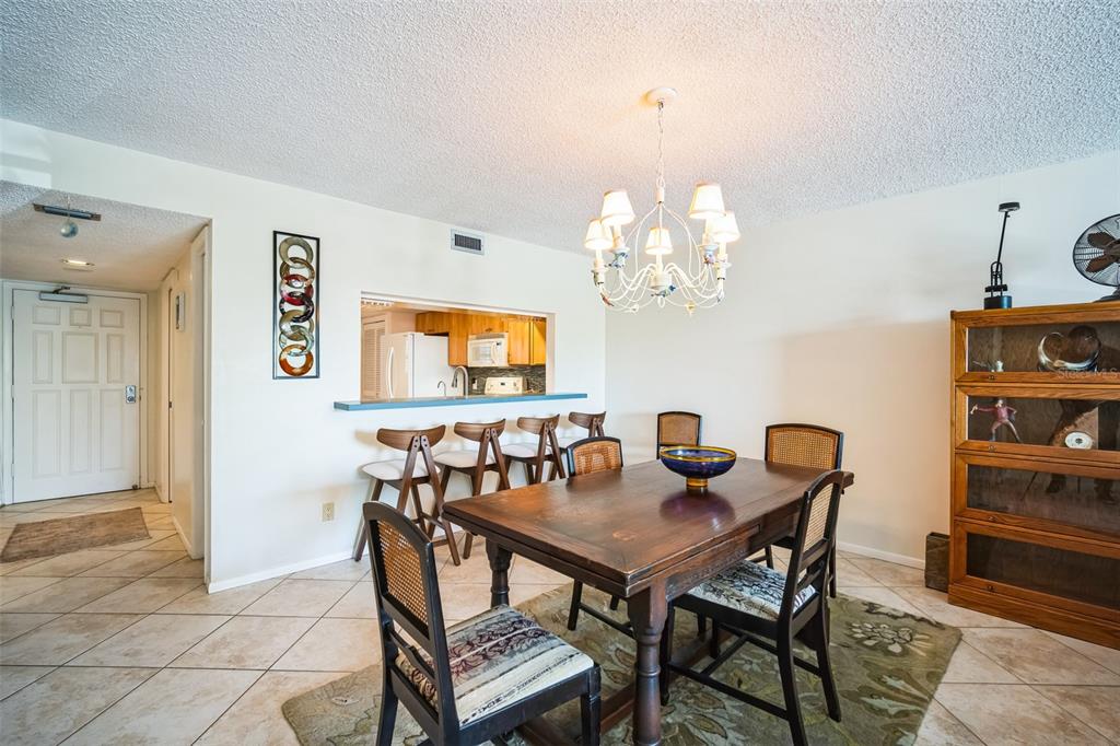 A dining room features a wooden table, chairs, a chandelier, and a kitchen pass-through window — 1000 RIVERSIDE DRIVE UNIT B102, PALMETTO, FL