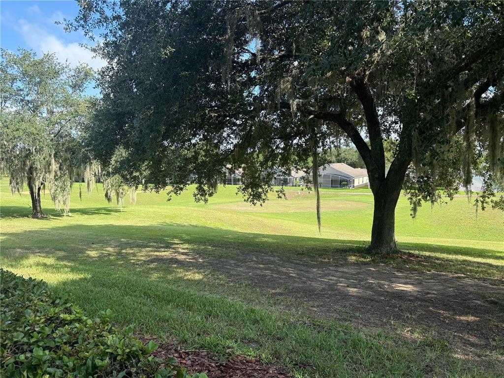 A grassy lawn with large oak trees overlooks a golf course and distant houses — 2222 CAXTON AVENUE, CLERMONT, FL
