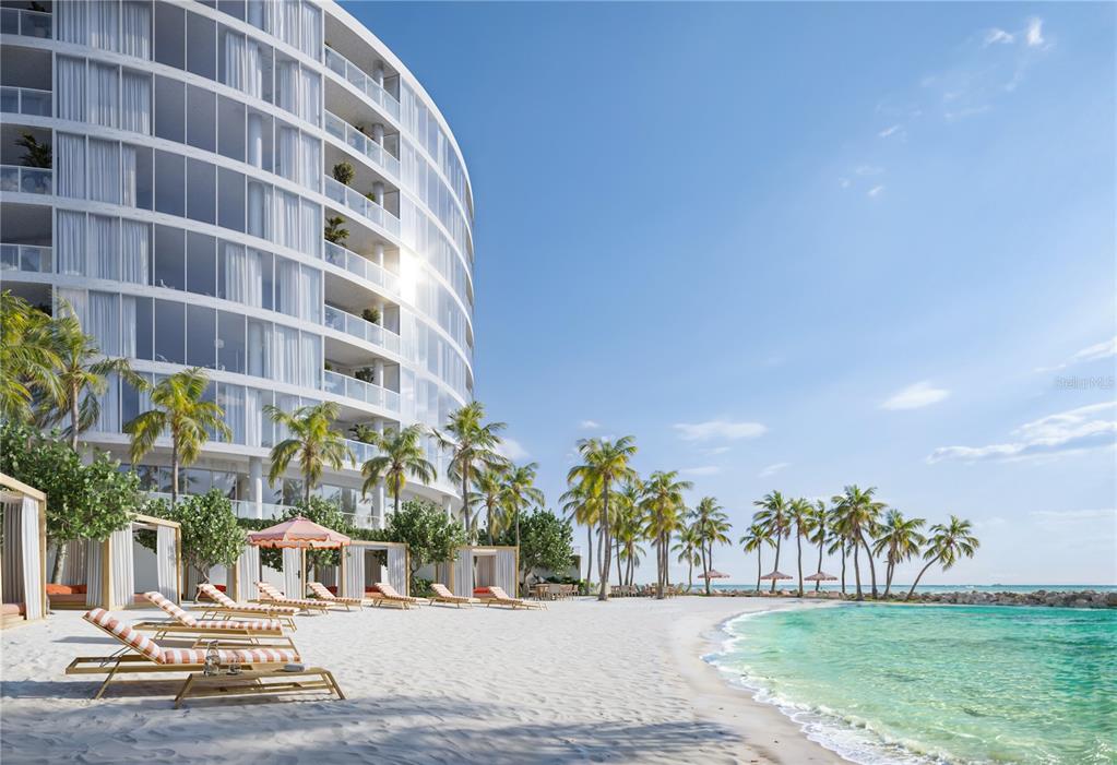 This is a digital rendering of a modern curved building overlooking a sandy beach — 805 S GULFVIEW BOULEVARD UNIT 603A, CLEARWATER BEACH, FL