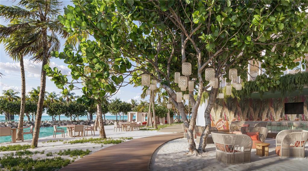 This is a rendering of an outdoor beach lounge area with seating, trees, and hanging lanterns — 805 S GULFVIEW BOULEVARD UNIT 603A, CLEARWATER BEACH, FL