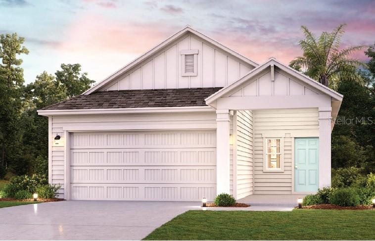This is a rendering of a single-story house with a white exterior and teal door — 1335 RIBBON PLACE, PALM COAST, FL
