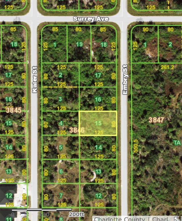 This is a map showing a highlighted rectangular land parcel among several numbered residential lots — 7091 EMBRY STREET, PORT CHARLOTTE, FL