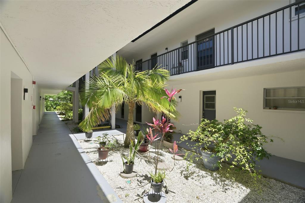 An outdoor courtyard with a palm tree, potted plants, and a second-story balcony walkway — 1127 KING ARTHUR COURT UNIT 316, DUNEDIN, FL