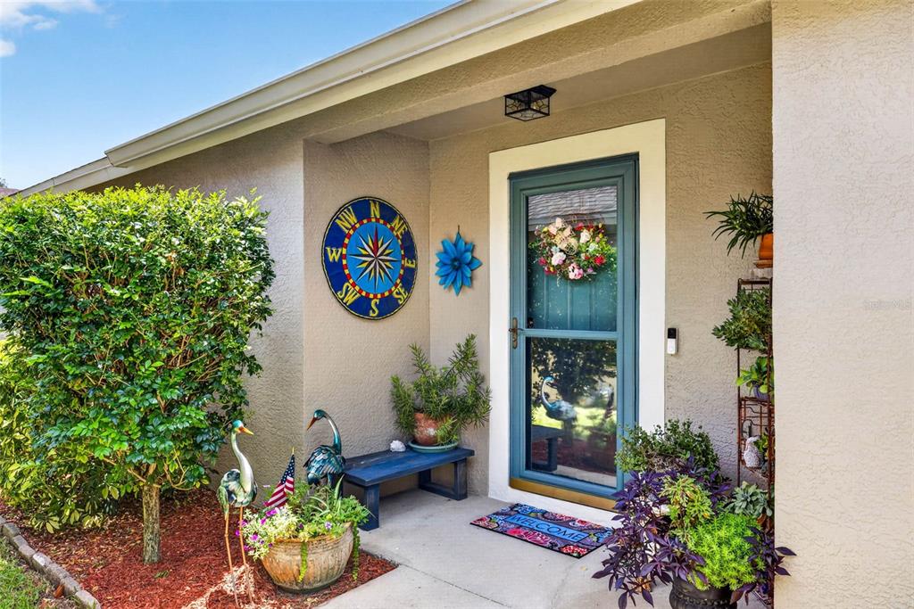 A front entryway features a blue storm door, a compass wall decoration, and potted plants — 19355 HASKELL PLACE, LAND O LAKES, FL