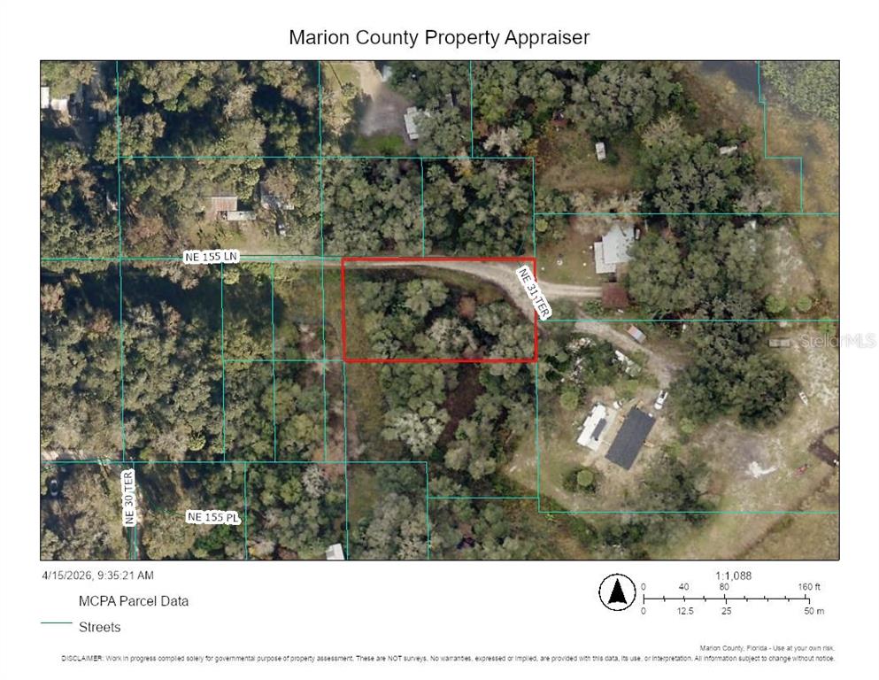 This is a satellite map showing a highlighted parcel of land in Marion County, Florida — NE 155TH LANE, CITRA, FL