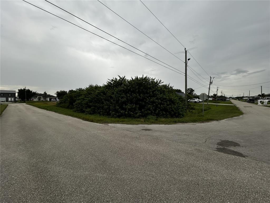 An empty corner lot with dense vegetation is situated at the intersection of two paved roads — 165 PEMBROKE STREET, LEHIGH ACRES, FL