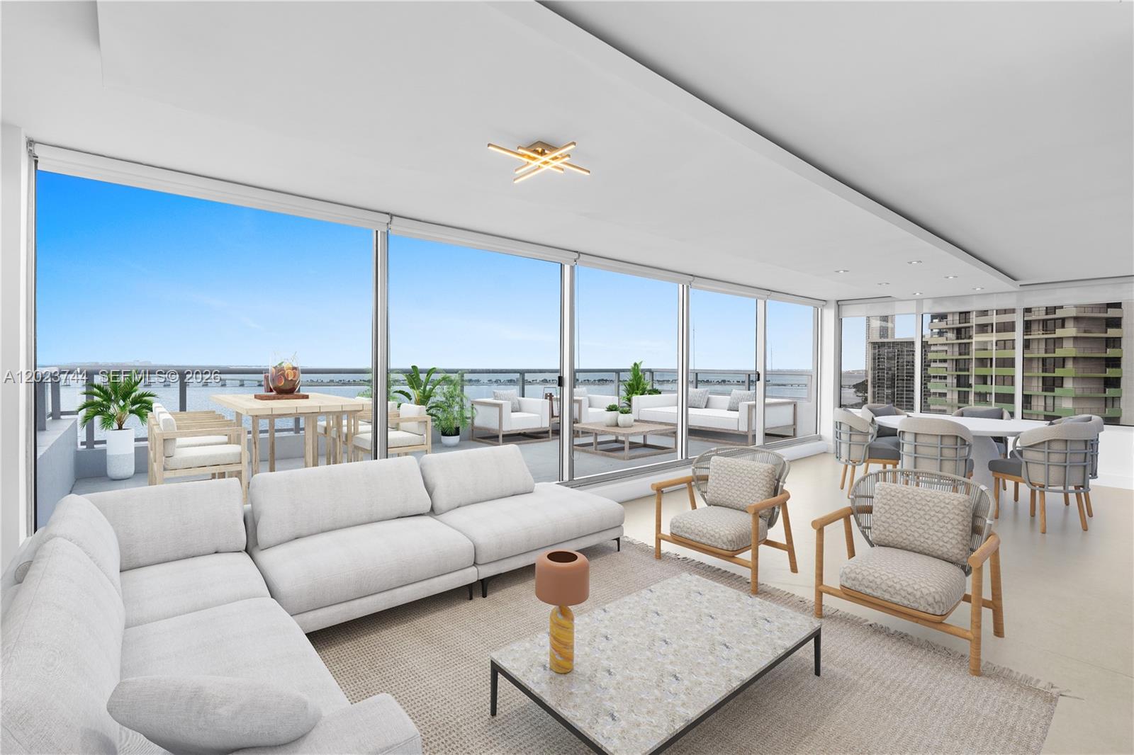 This is a rendering of a modern living room with floor-to-ceiling windows and a balcony — 1541 Brickell Ave # C1607, Miami FL 33129, MIAMI, FL