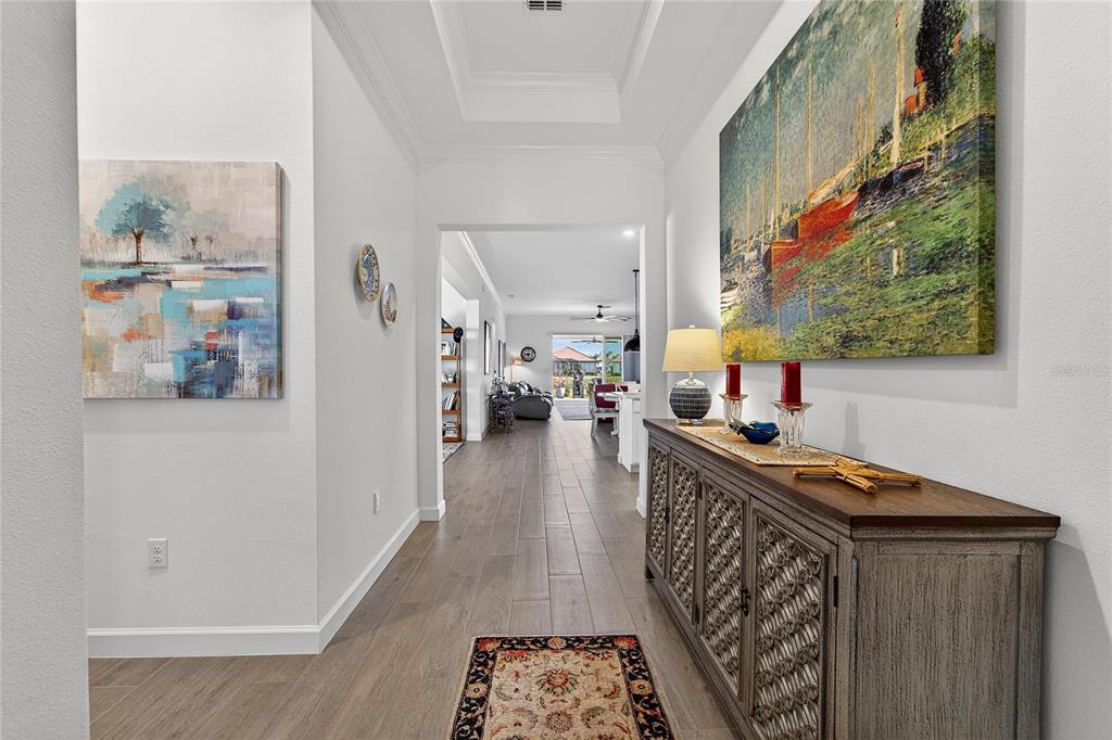A covered patio features wicker furniture, a ceiling fan, and a blue area rug — 17216 SCUBA CREST STREET, WIMAUMA, FL