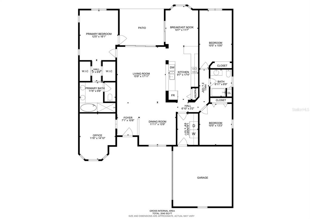 This is a floor plan for a single-story house with three bedrooms and a garage — 1748 BROOKSTONE WAY, PLANT CITY, FL