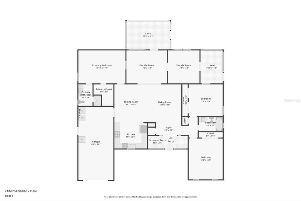 This is a floor plan of a single-story home with three bedrooms and a garage — 3 SILVER COURT, OCALA, FL