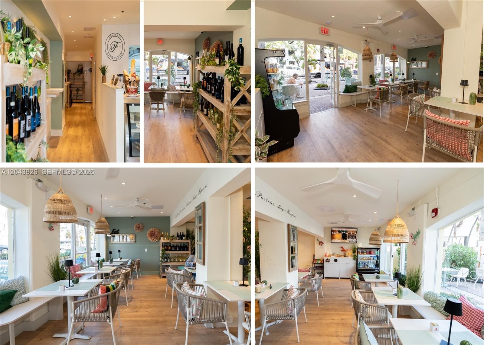 This collage shows the interior of a cafe featuring wooden floors, tables, and wicker chairs — 1300 Collins NE St, Miami FL 33139, MIAMI, FL