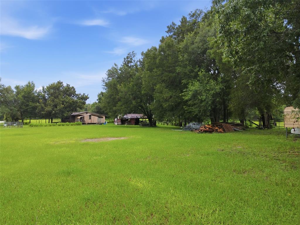 A grassy field features a small house and a shed near a line of trees — 9299 WEATHERLY ROAD, BROOKSVILLE, FL