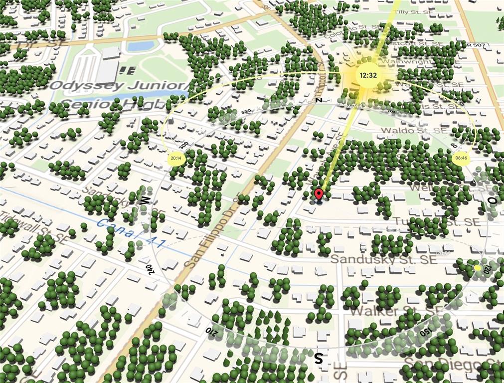 This is a digital map showing residential streets, trees, and a school in a neighborhood — 2051 WAVERLY AVENUE SE, PALM BAY, FL