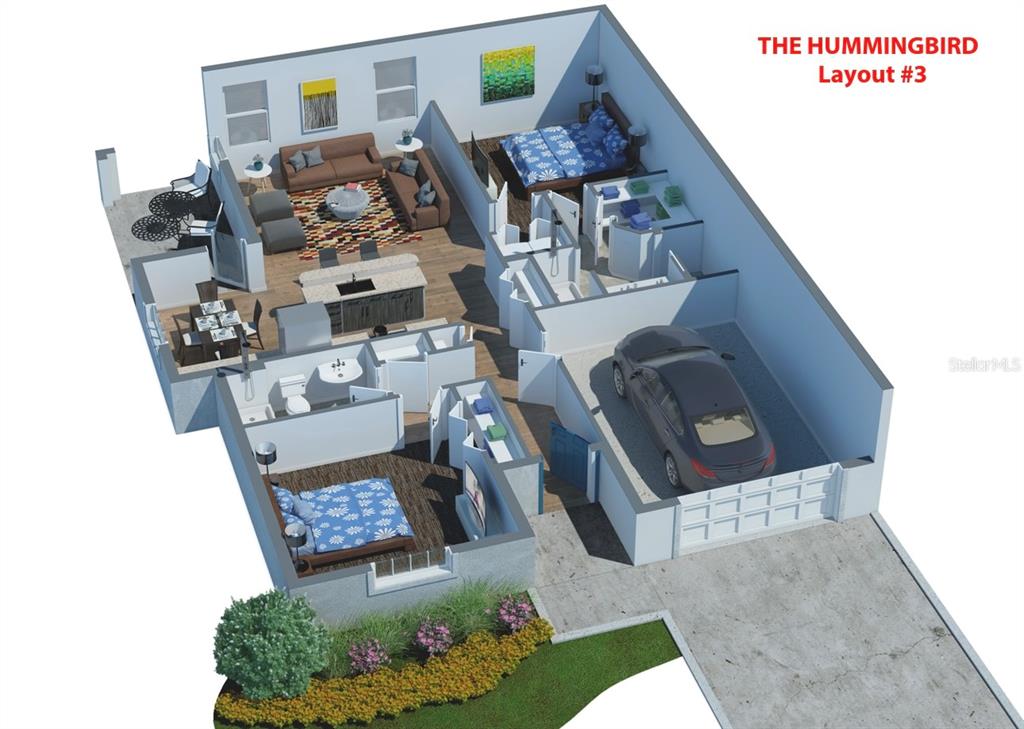 This 3D floor plan rendering shows a one-story home with two bedrooms, a garage, and patio — 5914 CORMORANT COURT, LAKELAND, FL