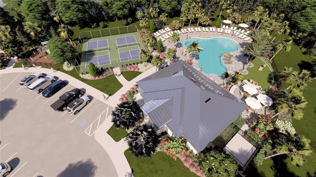 This rendering shows a community amenity center with a pool, pickleball courts, and parking — 100 TEQUESTA COURT, PALM COAST, FL