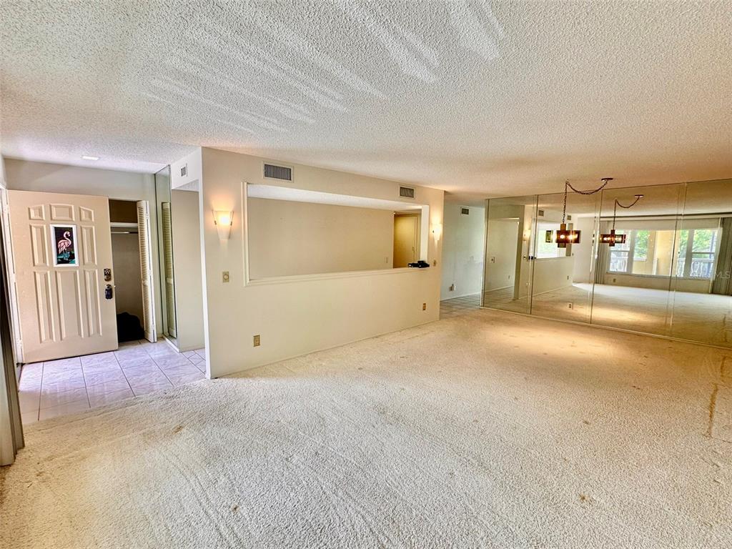 An open living room features beige carpeting, a mirrored wall, and a white entry door — 2220 SPANISH DRIVE UNIT 26, CLEARWATER, FL