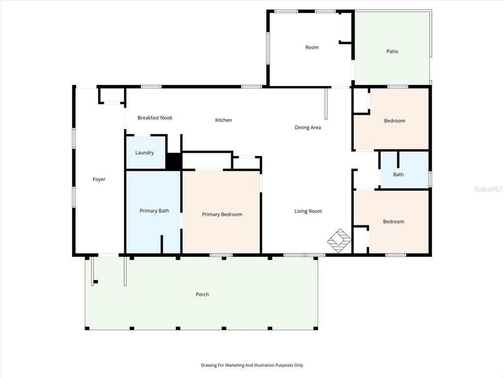This is a floor plan of a single-story house with a porch and a patio — 3642 KALMAN DRIVE, ZEPHYRHILLS, FL