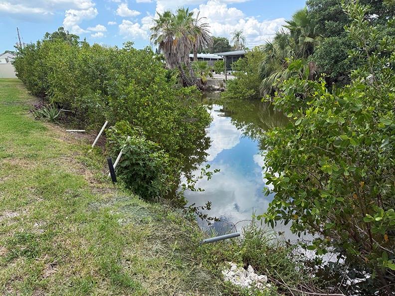 A narrow canal flows between grassy banks lined with dense green bushes and palm trees — 4455 DUHME ROAD UNIT 103, ST PETERSBURG, FL